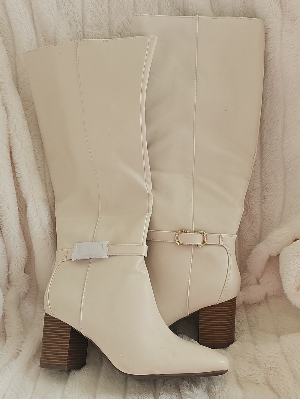 Liz Claiborne Cream Knee-High Block Heel Boots with Gold Accent